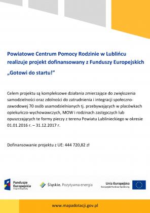 Powiatowe Centrum Pomocy Rodzinie w Lublińcu realizuje projekt dofinansowany z Funduszy Europejskich „Gotowi do startu!”