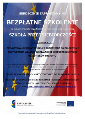 BEZPŁATNE SZKOLENIE: 'Przygotowanie merytoryczne i praktyczne do założenia i Prowadzenia własnej działalności gospodarczej przez Uczestników projektu'