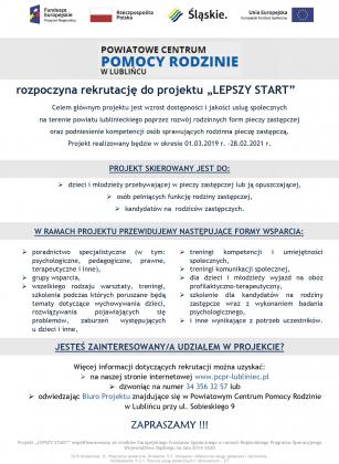 Powiatowe Centrum Pomocy Rodzinie w Lublińcu rozpoczyna rekrutację do projektu „LEPSZY START”