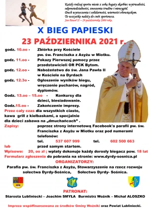 Zapraszamy na X Jubileuszowy Bieg Papieski pod patronatem Starosty Lublinieckiego 23 października 2021 r.
